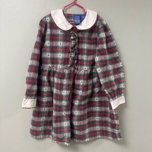 Jenny B Girls Red Green Plaid‎ Teddy Bear Dress Peter Pan Collar Vintage Size 6X